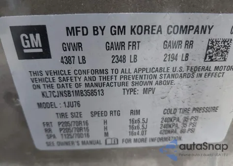 2021 Chevrolet Trax Awd Ls z USA, uszkodzony, nr VIN KL7CJNSB1MB358513